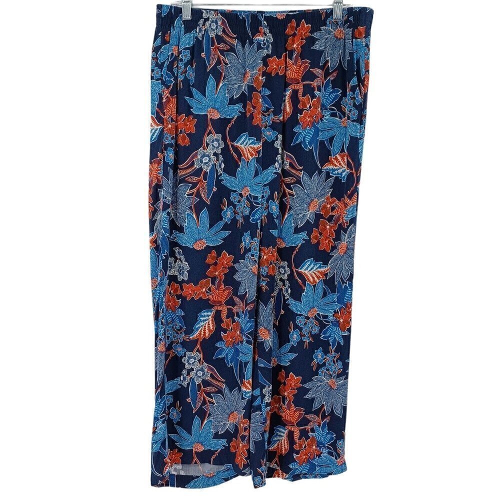J. Jill Sarasa Tropical Full Leg Cropped Pants Blue Women's M Floral Beach Boho